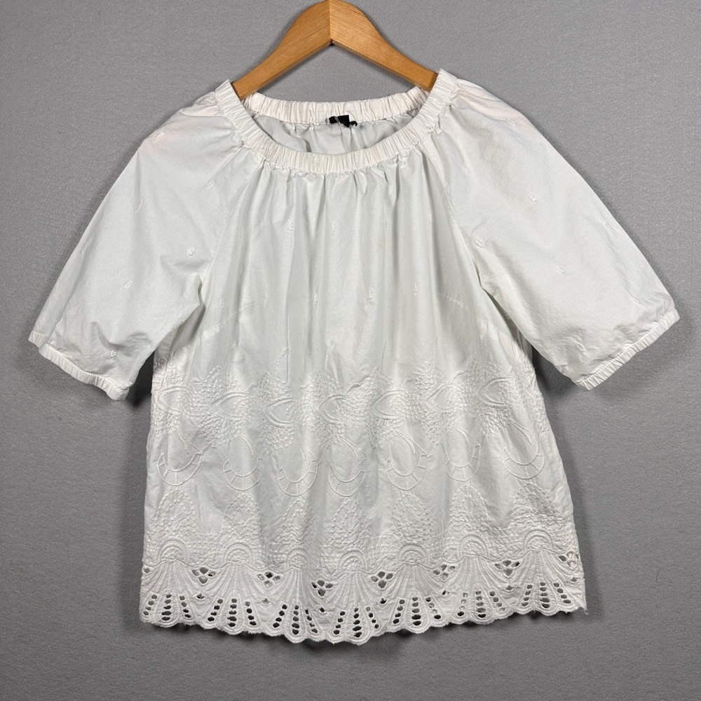 Talbots Petites White Eyelet Cotton Blouse Scallop Hem Puff Sleeve Top M Petite